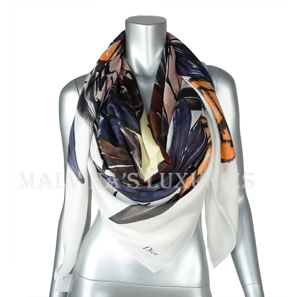 DIOR SCARF STOLE ABSTRACT FLORAL PRINT WOVEN SILK SIGNATURE 52 x 55